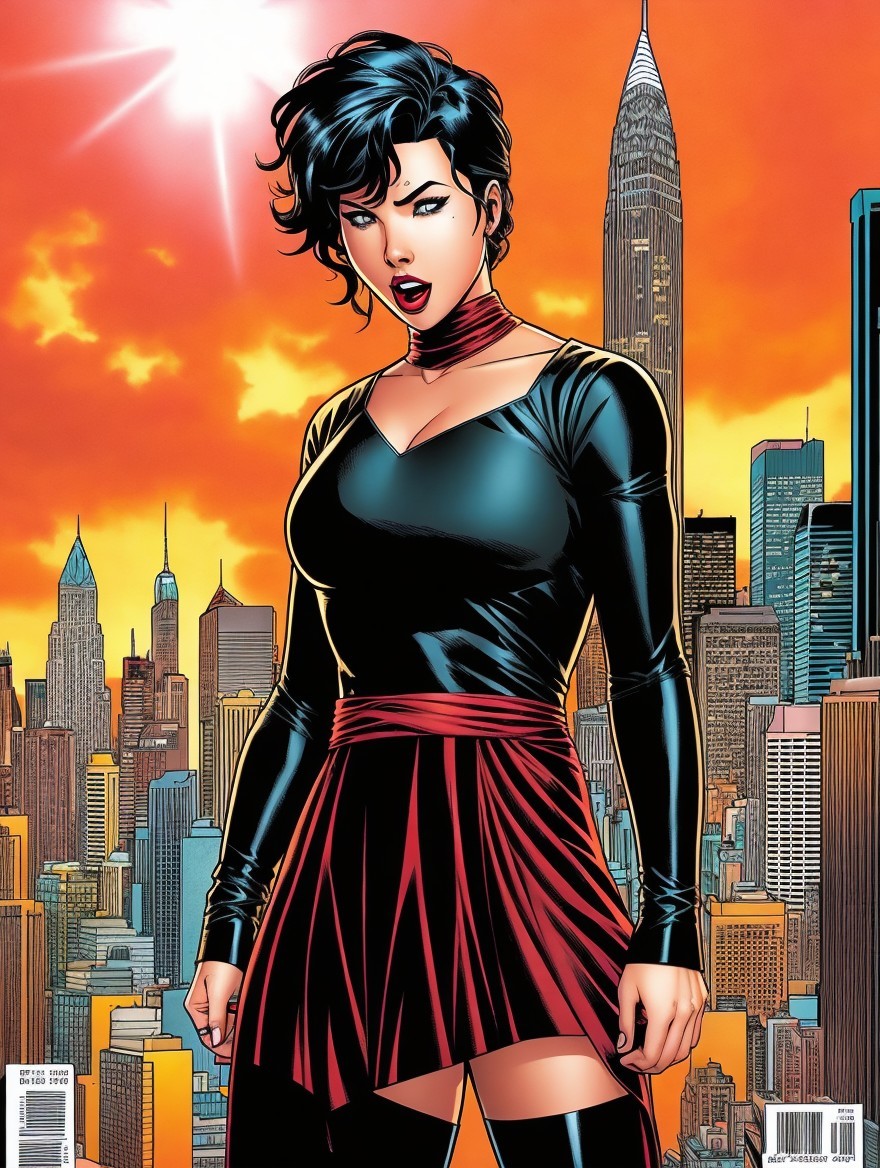 Confident Female Superhero in Urban Sunset Scene