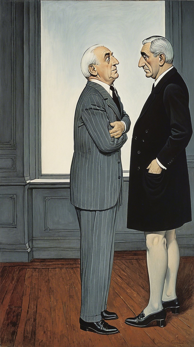 Two Men in Striped Suit and Black Overcoat Conversing