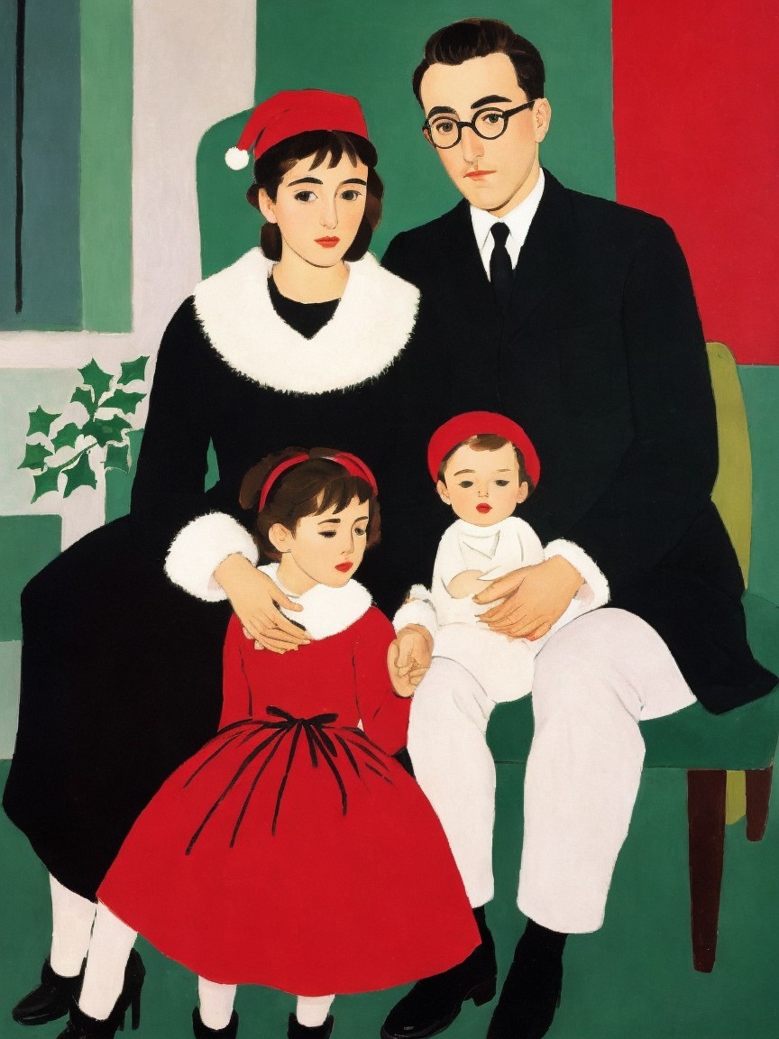 Family Portrait in Holiday Colors with Two-Tone Background