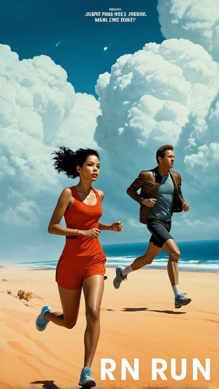 Runners Sprinting Across Sandy Landscape Under Clouds