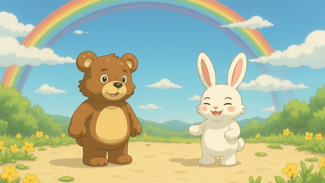 Cheerful Bear and Rabbit in Colorful Landscape Scene