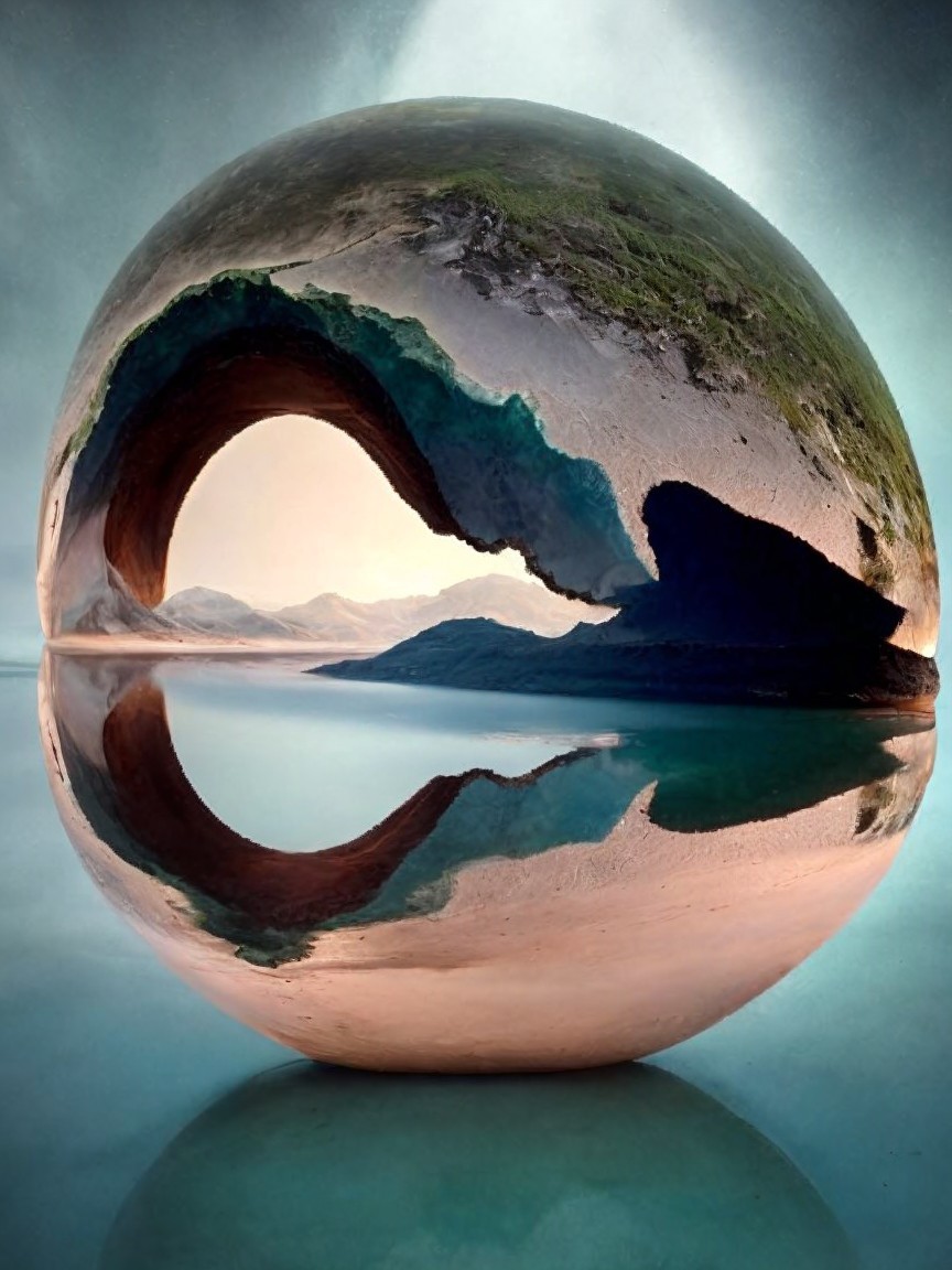 Reflective Sphere with Serene Landscape Illusion
