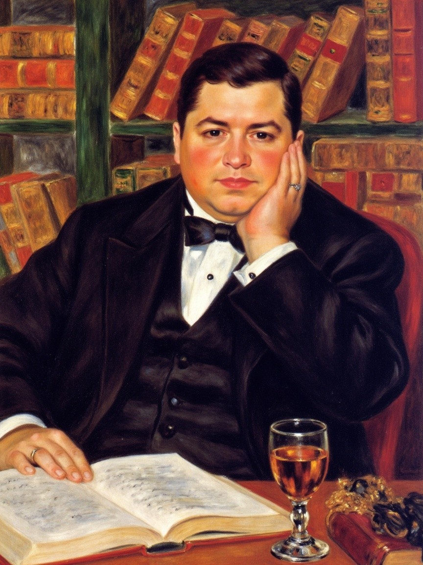 Man in Tuxedo at Table with Vintage Books and Drink