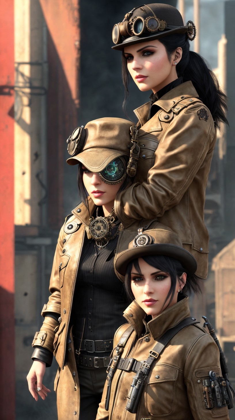 Steampunk Women in Leather Coats and Gears
