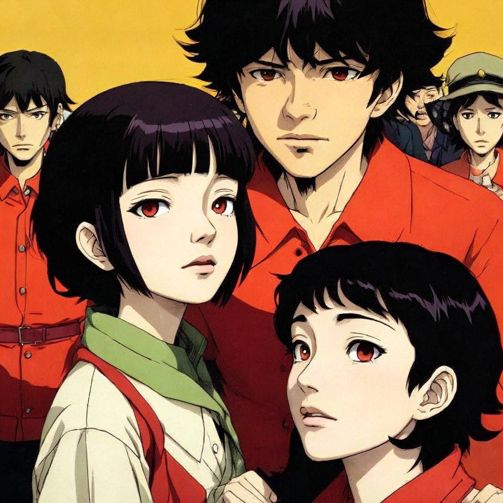 Anime Scene with Characters in Vibrant Outfits and Contrast