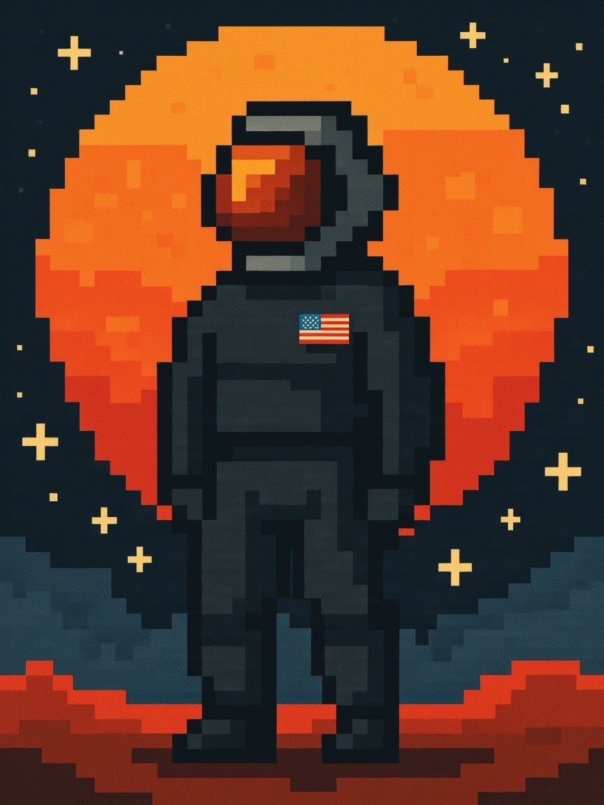 Pixel Art of Astronaut on Red Landscape with Planet