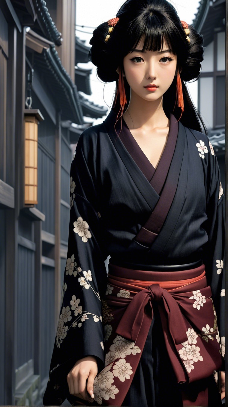 Young Woman in Navy Kimono with Floral Patterns
