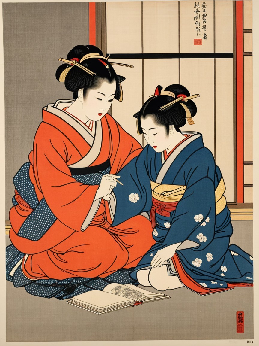 Women in Traditional Japanese Clothing Reading Together