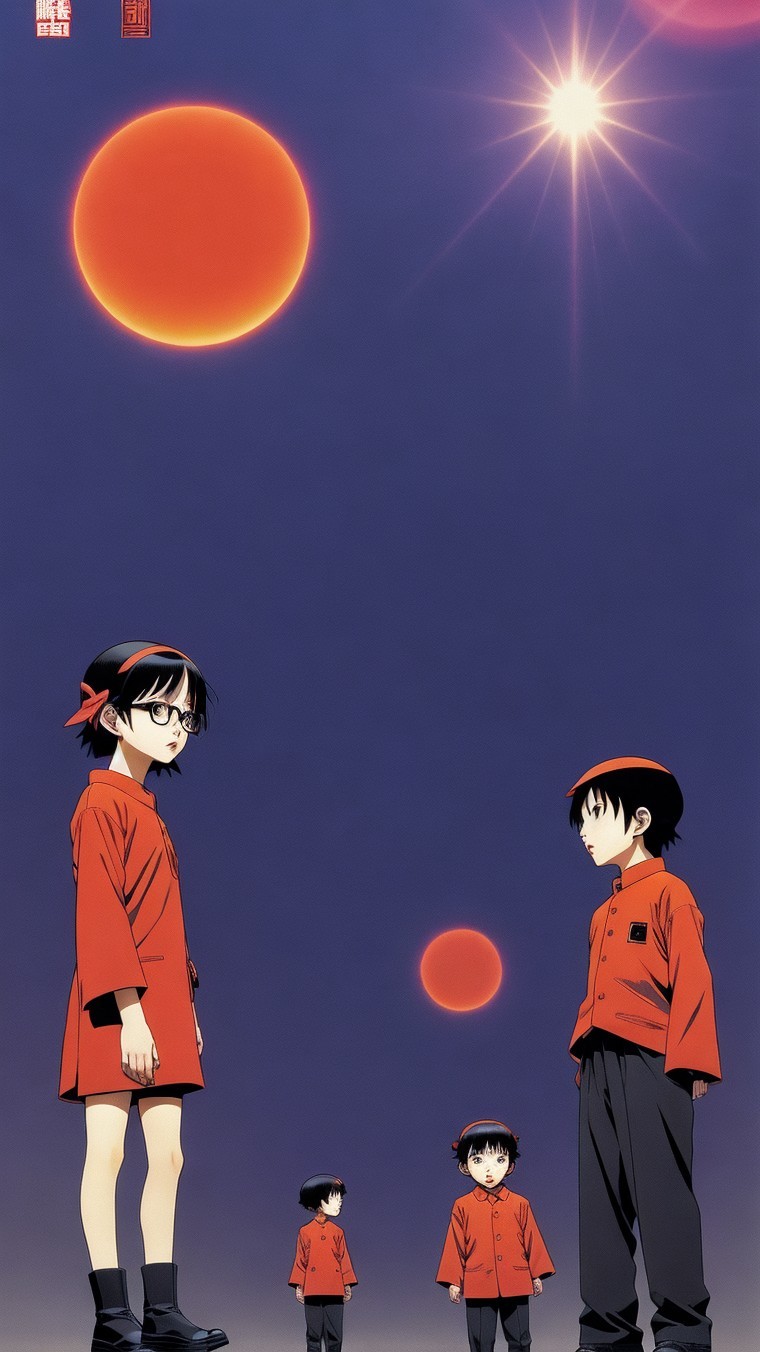 Surreal Twilight Landscape with Children and Glowing Spheres