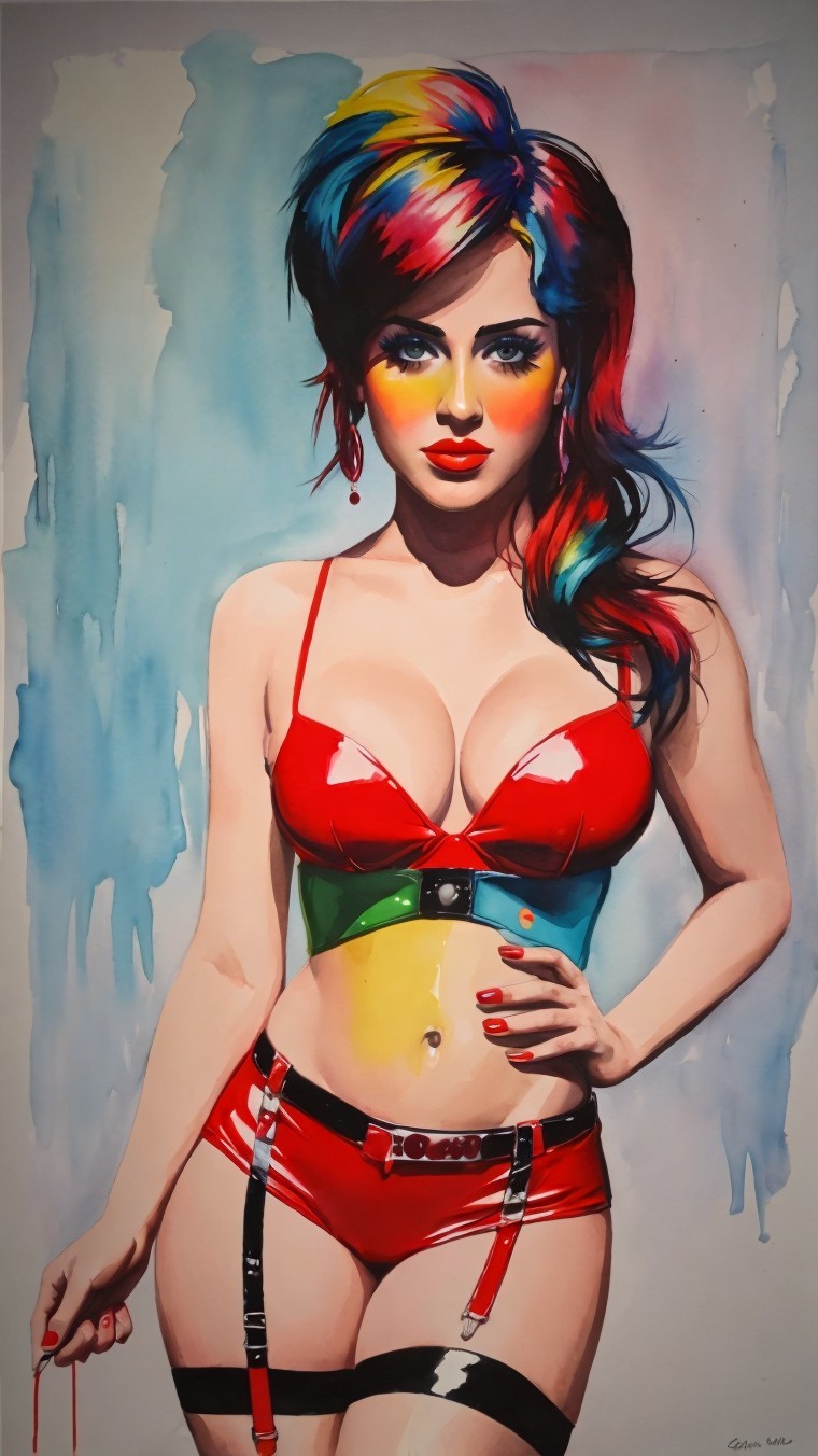Vibrant Woman with Multicolored Hair and Latex Outfit