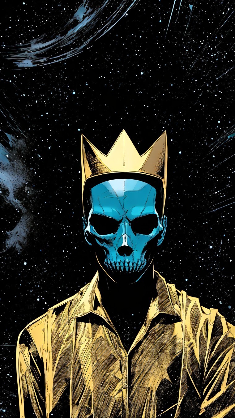 Stylized Figure with Blue Skull and Golden Crown