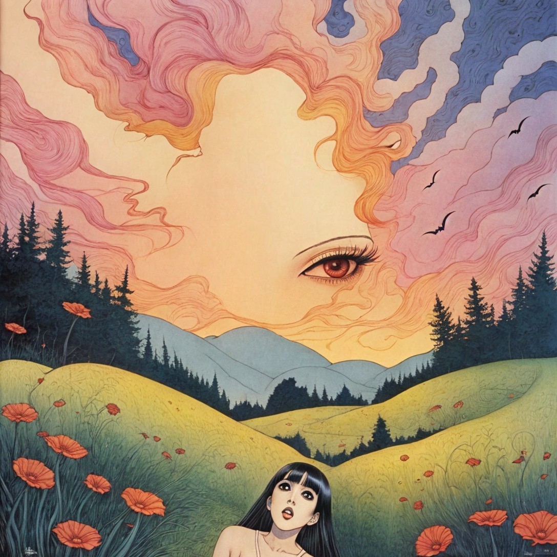 Woman on Grass with Dramatic Red Eye in Sky