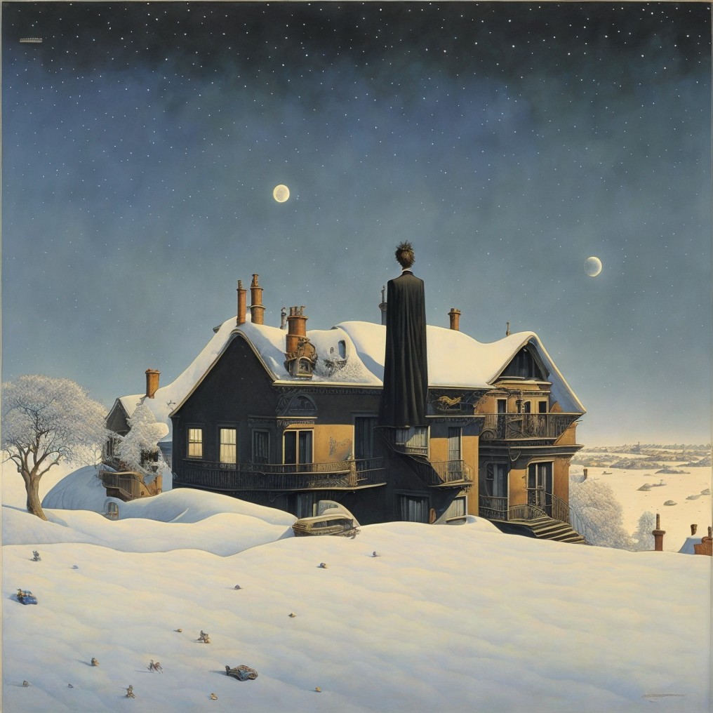 Solitary Figure Overlooks Snowy House with Moons