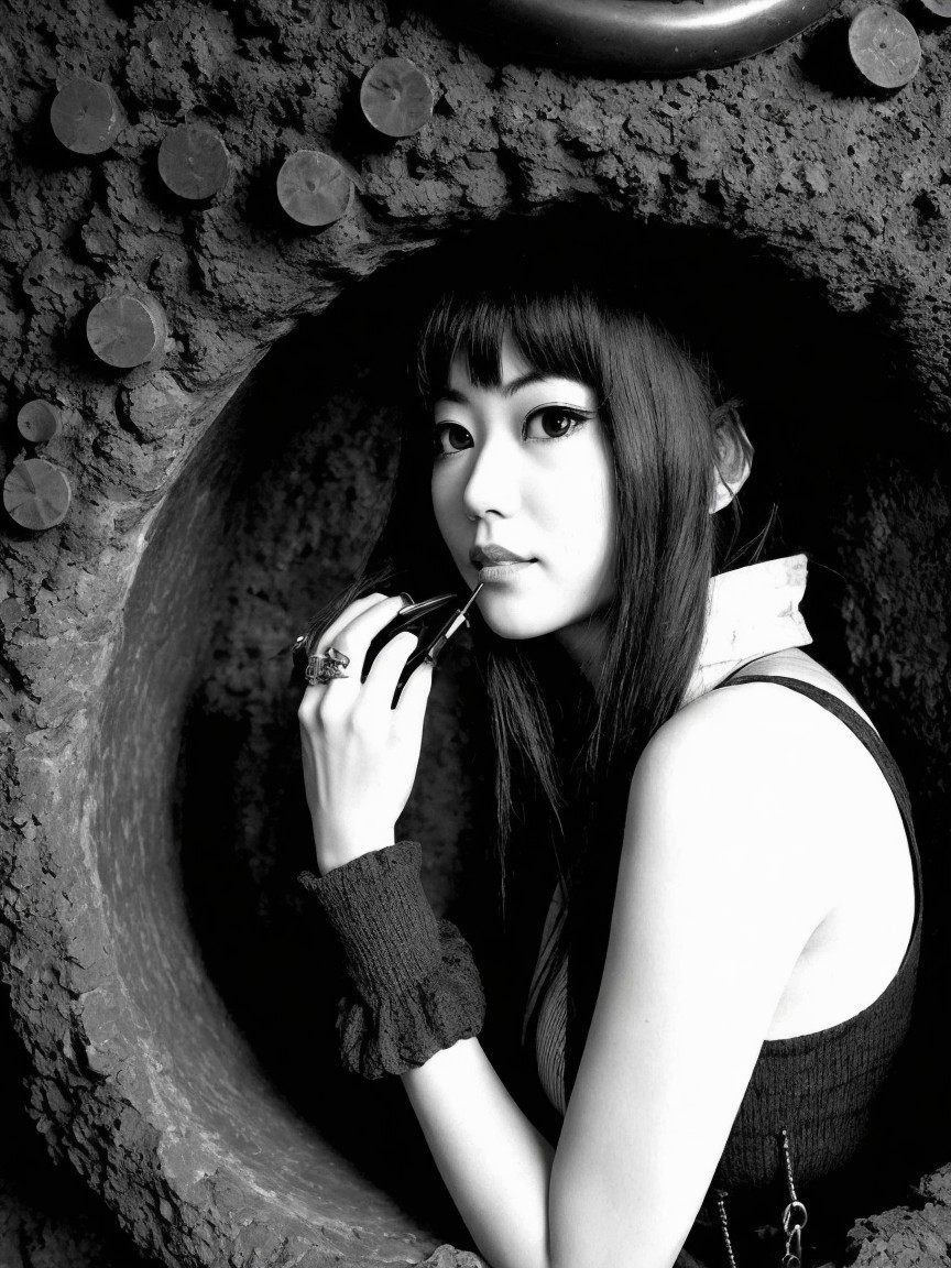 Black and white portrait of a young woman in style