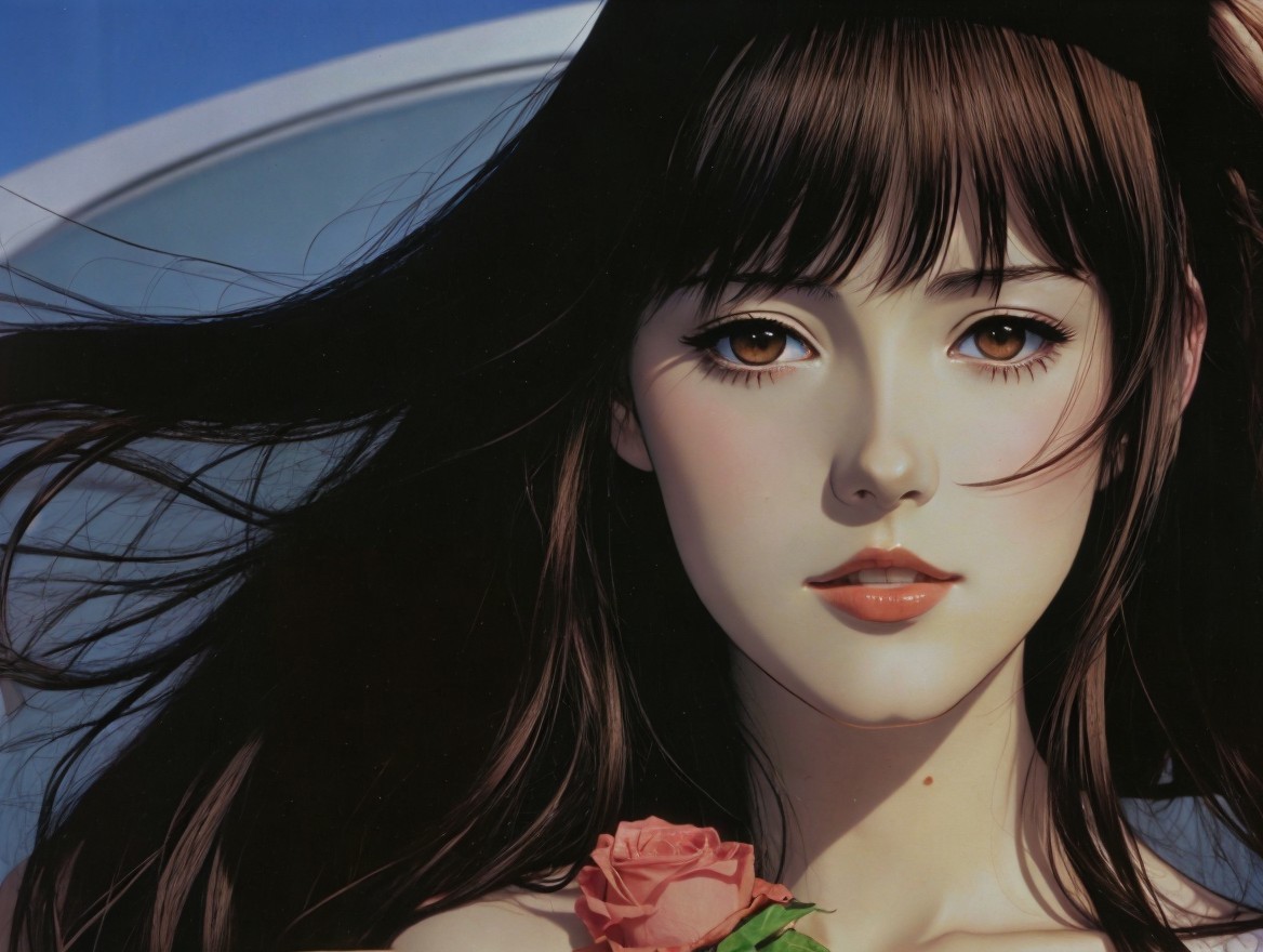 Digital Portrait of Young Woman with Rose and Sky