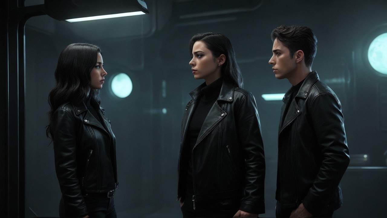 Three Individuals in Black Jackets in Dim Lighting