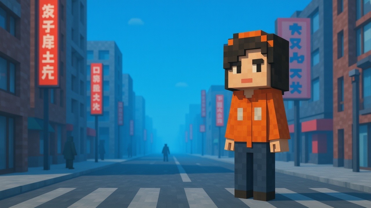 Pixel-Art Character in a Vibrant Urban Setting