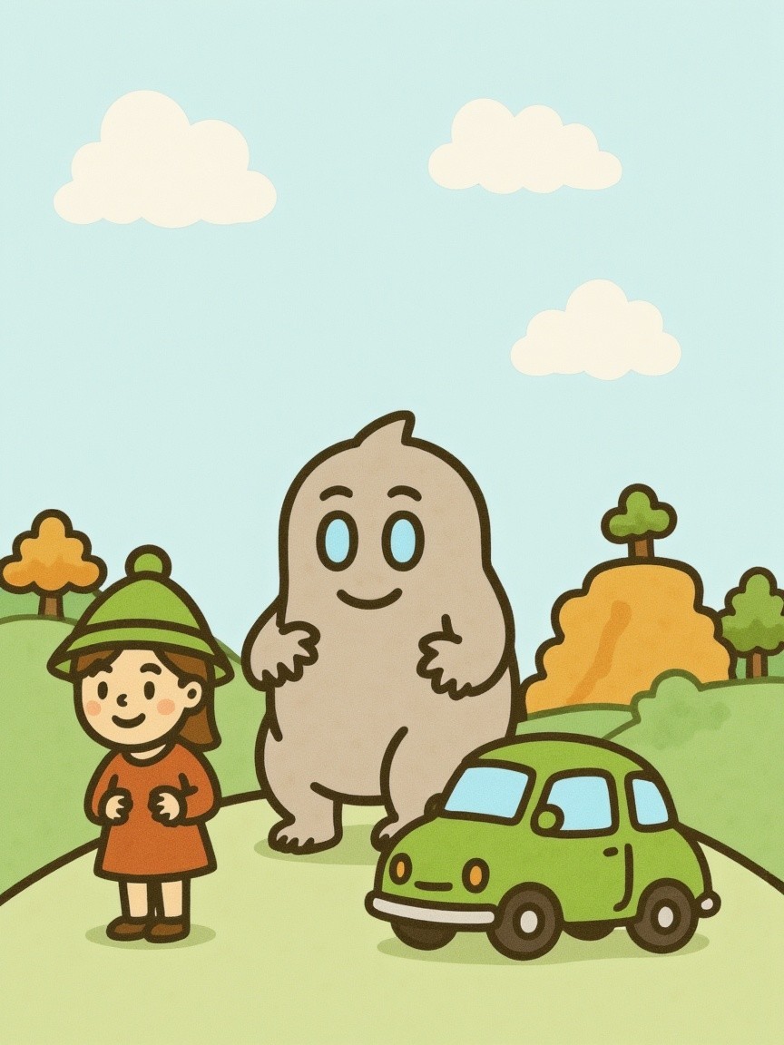 Cheerful gray creature and girl in vibrant landscape