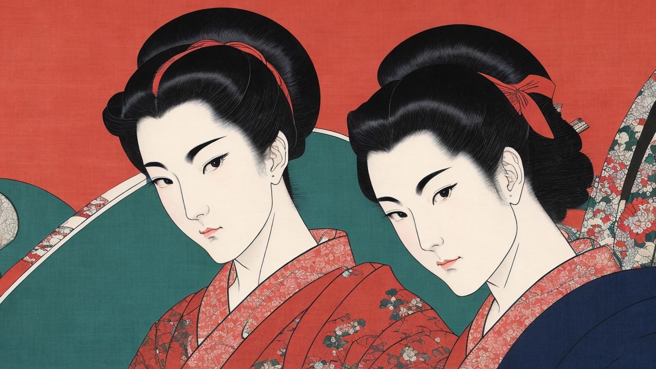 Ukiyo-e Woodblock Print of Two Women in Kimonos