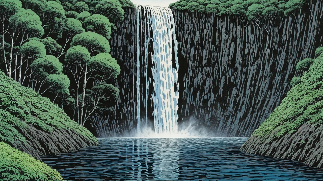 Stylized Illustration of a Waterfall Surrounded by Foliage
