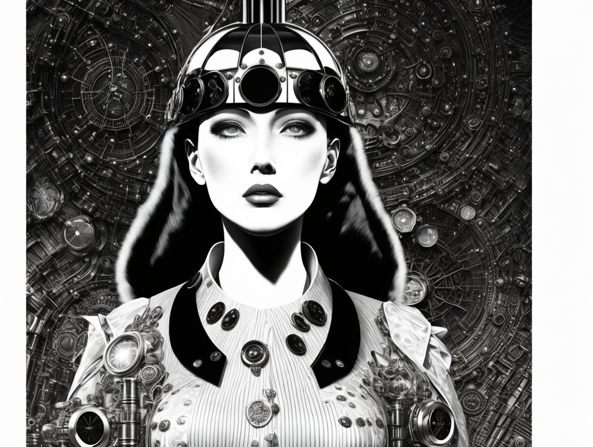 Futuristic Black-and-White Portrait of a Female Figure