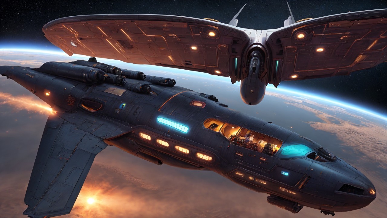 Futuristic Spaceship in Orbit Around a Vibrant Planet