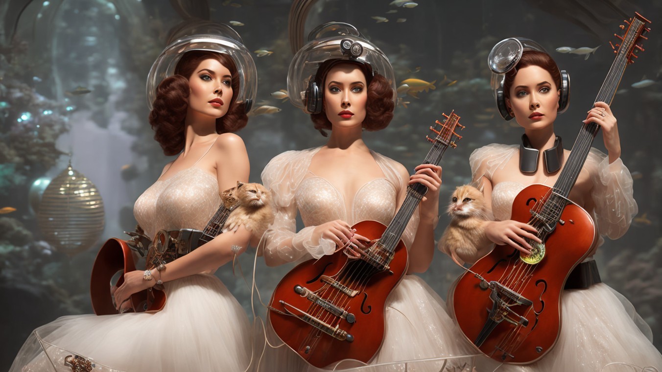 Elegant Women in Vintage Gowns Underwater with Instruments