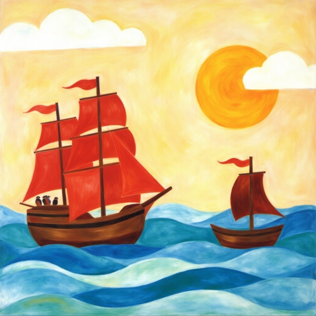 Vibrant Painting of Sailing Ships on Colorful Waves