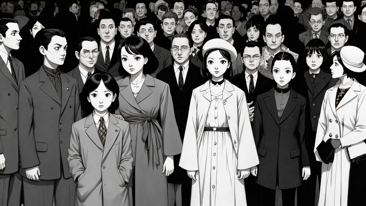 Diverse Crowd in Formal Attire Against Monochrome Backdrop