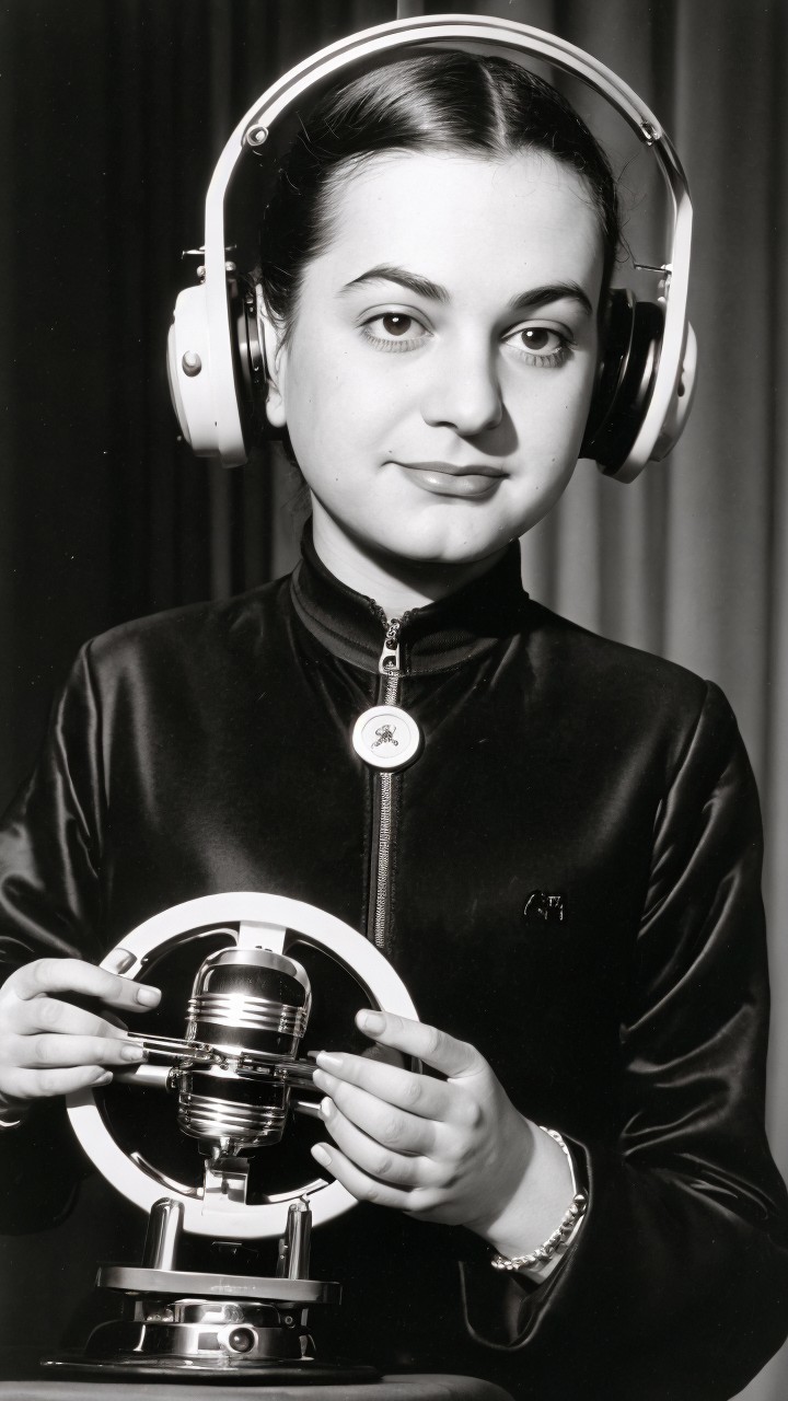 Young woman in black jacket with vintage microphone