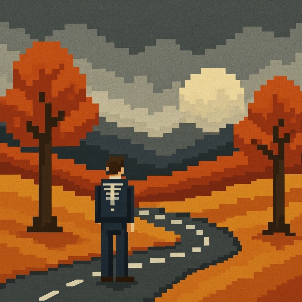 Pixel Art Scene of Suit Figure on Winding Autumn Road