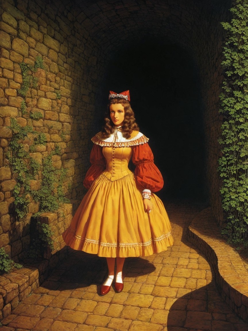 Young girl in vibrant dress in stone corridor with ivy