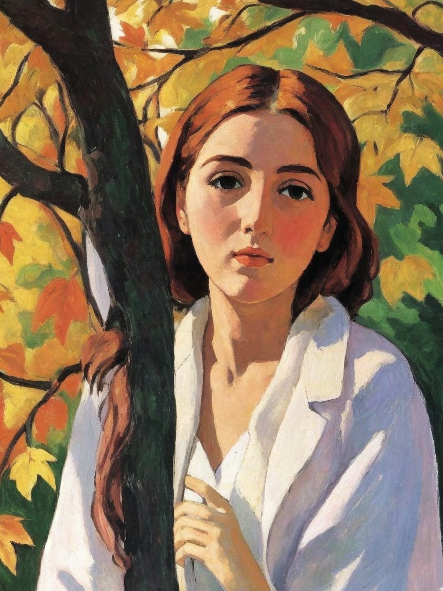 Young woman with red hair beside autumn tree