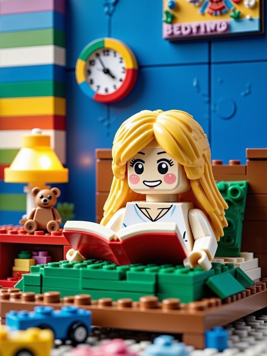Cheerful LEGO figure reading in a colorful room