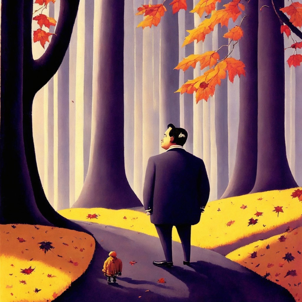 Suited Man and Child on Autumn Forest Path
