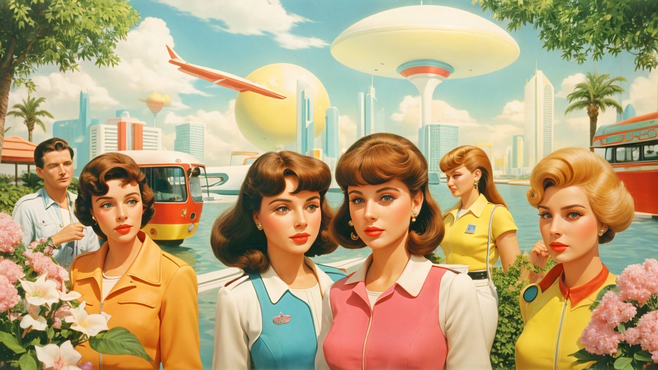Elegant Women in Futuristic Pastel Setting with Nature