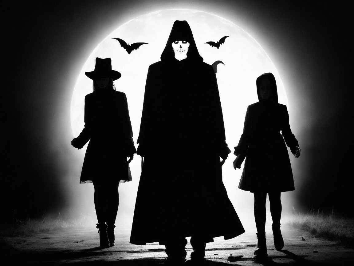 Three Shadowy Figures Under a Full Moon at Night