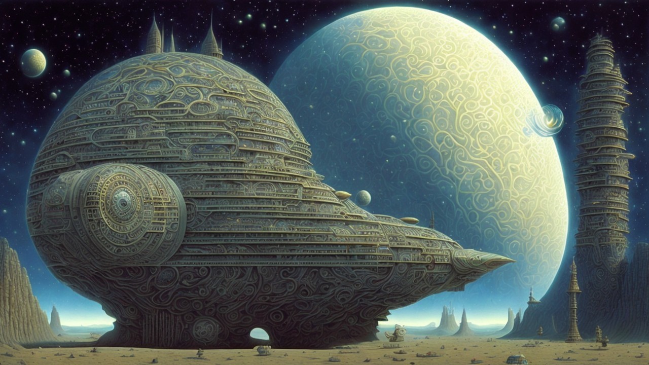 Futuristic Snail-Shaped Spaceship on Rocky Landscape