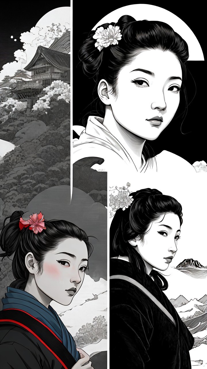 Triptych of Traditional Japanese Portraits with Landscapes