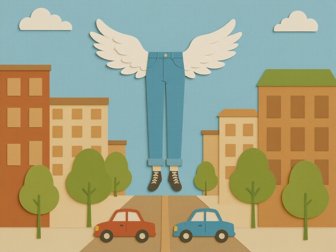 Blue Jeans with Wings Above a Colorful Cityscape