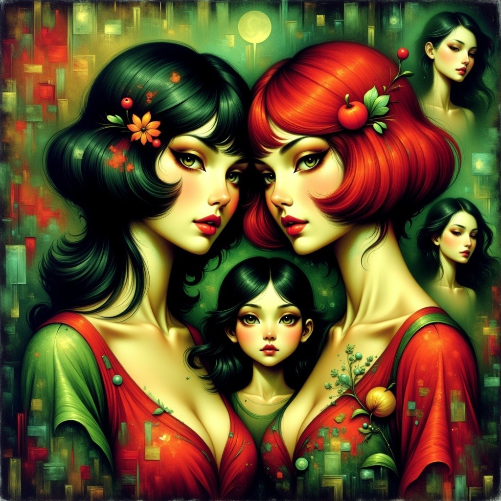 Surreal Artwork of Three Women in Colorful Outfits
