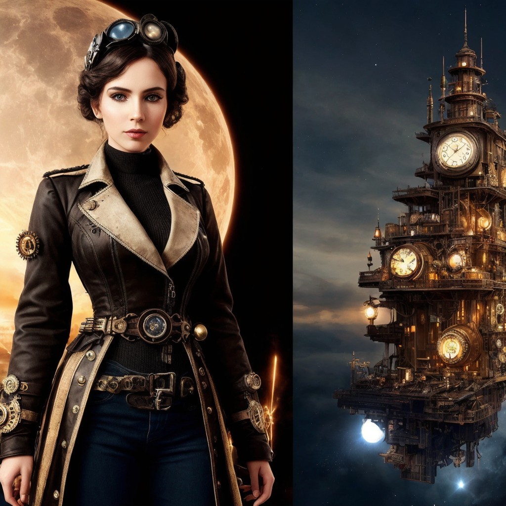 Steampunk Scene with Woman and Clock Tower Under Moon