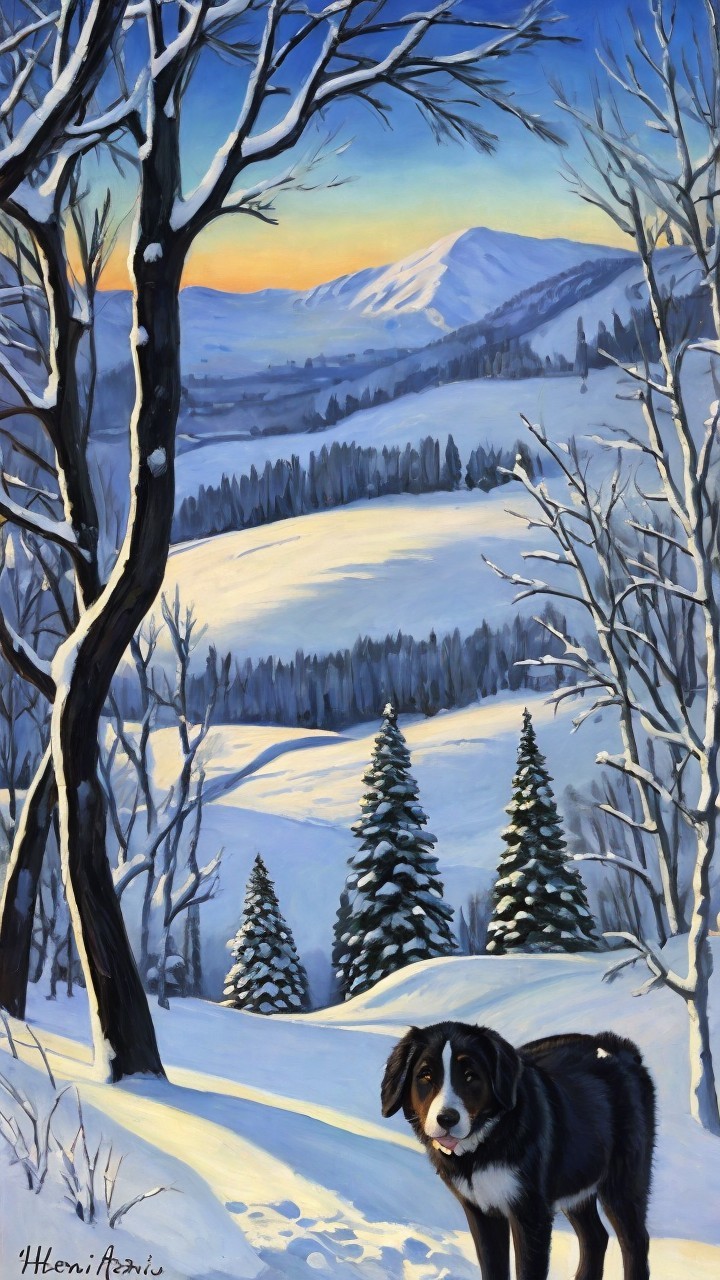 Serene Winter Landscape with Dog and Snowy Hills