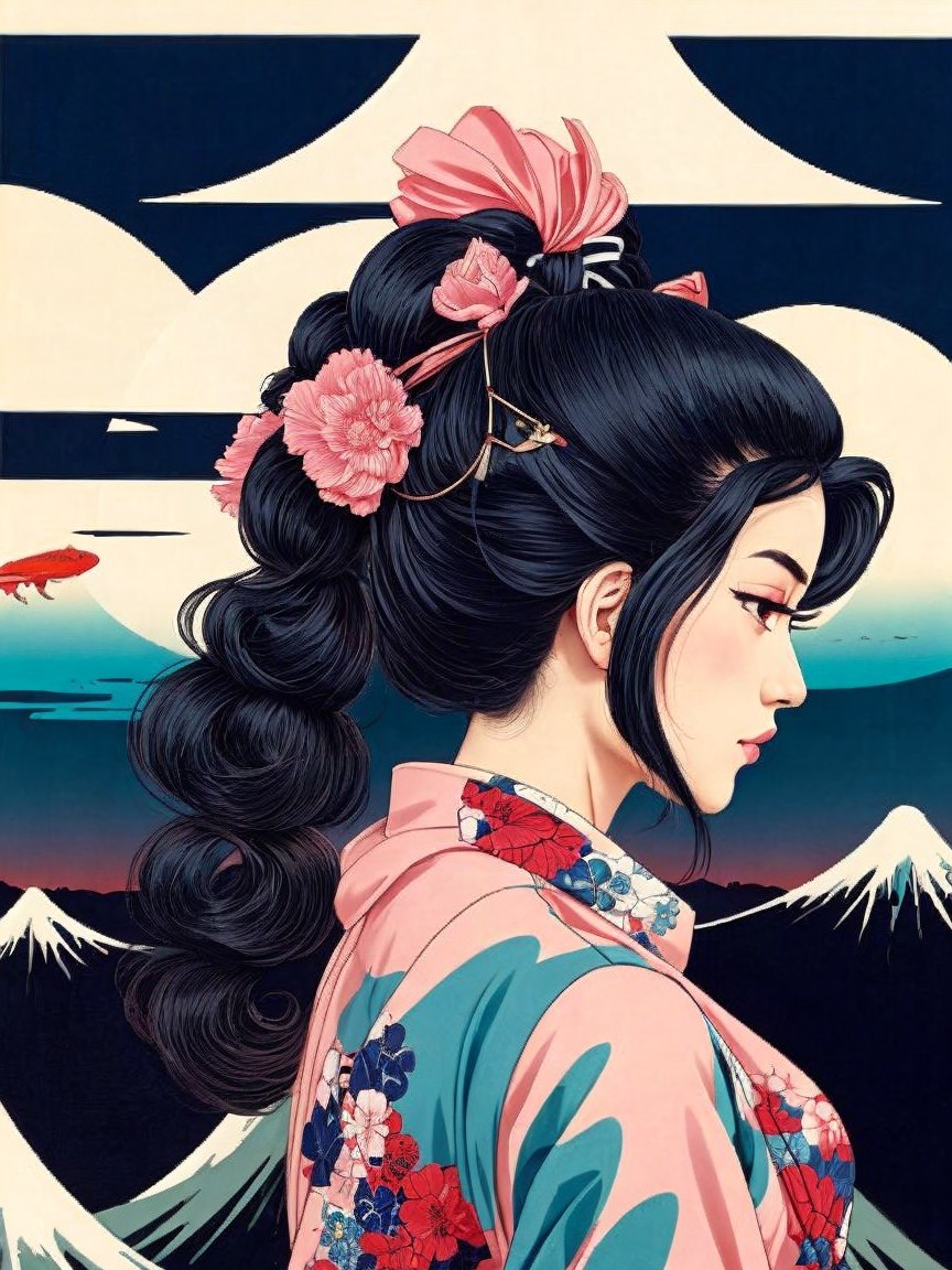 Profile of a woman in a floral-patterned kimono