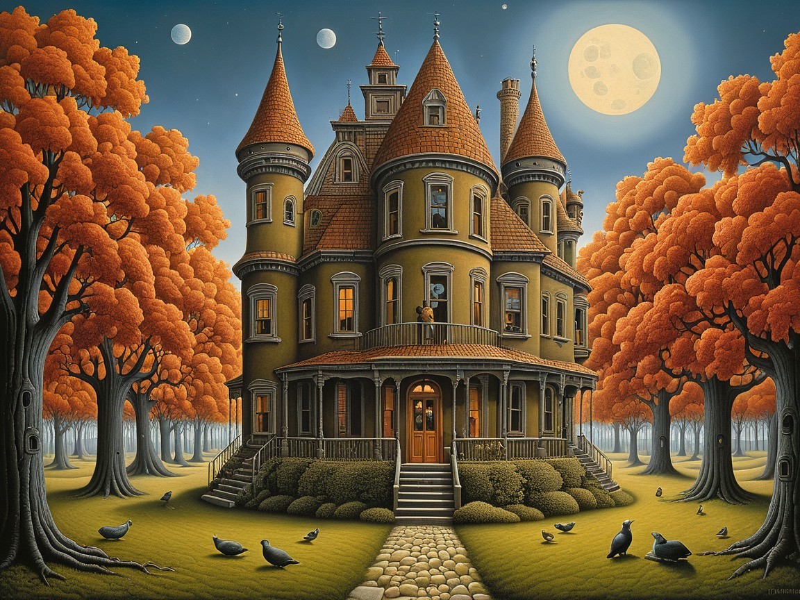 Whimsical Mansion Surrounded by Autumn Foliage