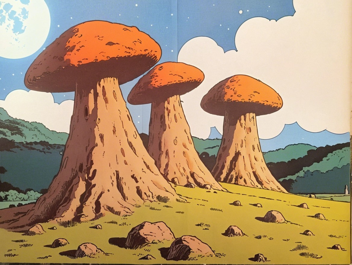 Whimsical Mushroom Structures in Lush Green Landscape