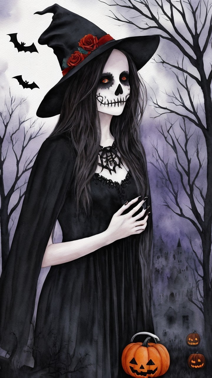 Mysterious Figure in Dark Landscape with Pumpkins and Bats