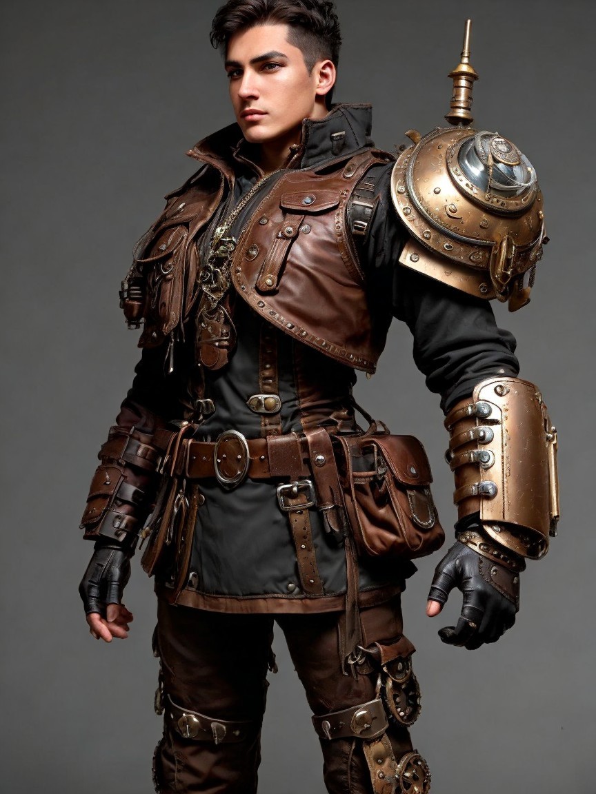 Steampunk-Inspired Outfit with Leather Armor and Gears