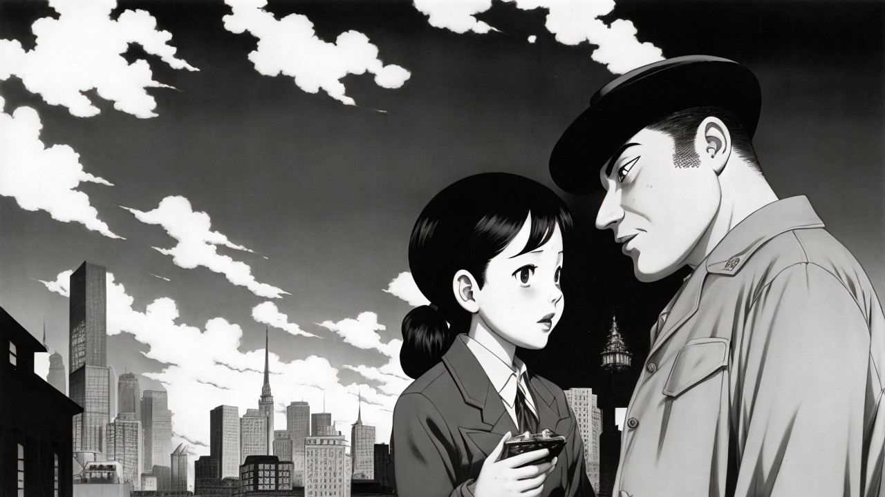 Intense Black-and-White Anime Scene with Dramatic Skyline
