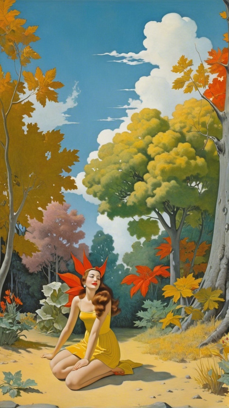 Woman in Yellow Dress Surrounded by Autumn Foliage
